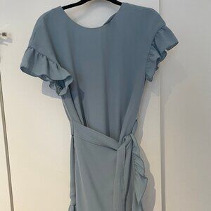 aritzia wilfred silk baby blue dress with ruffles and waist belt, size xxs